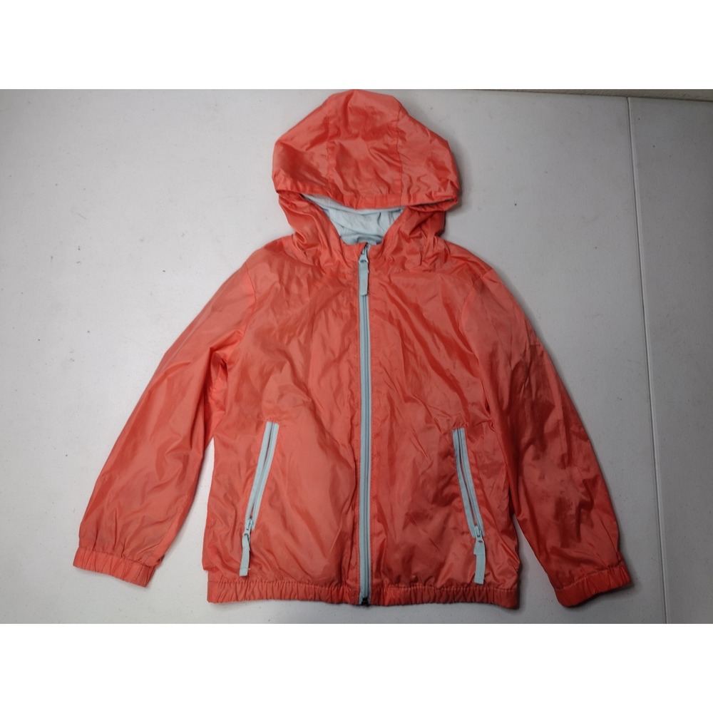 Cat & Jack Kids XS‎ Coral Orange Hooded Windbreaker Jacket Full Zip Light Blue